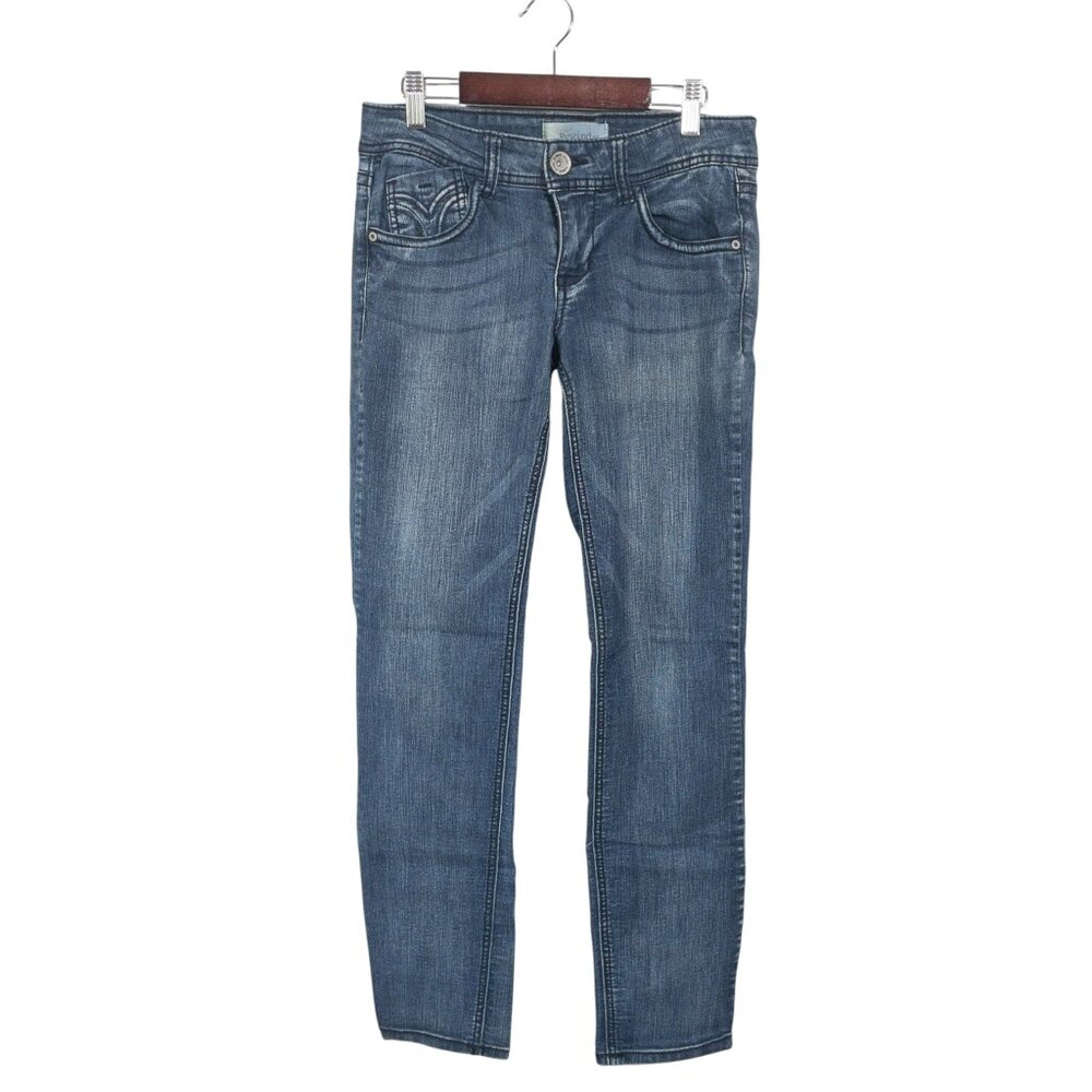 Rewind Juniors Low Rise Skinny Leg SZ 5 Bling Pocket Y2K 2000's  Dark Wash Faded